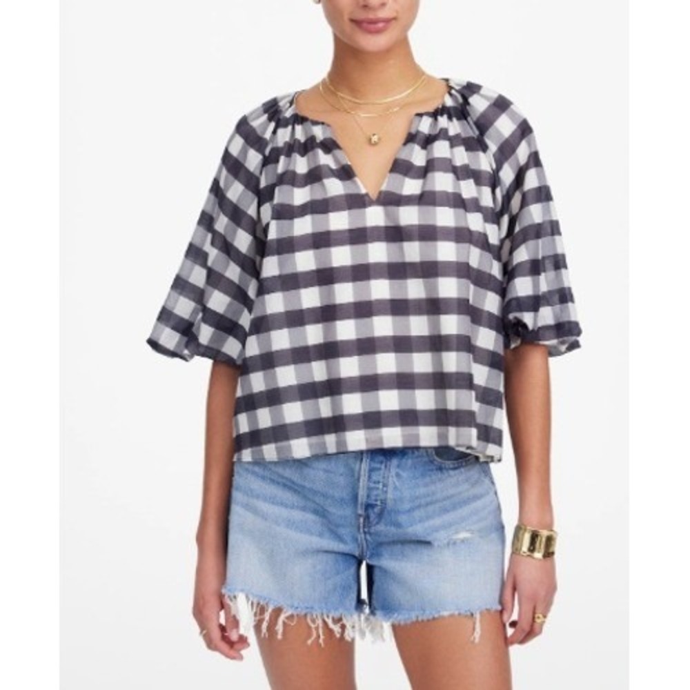 Madewell Gingham Flutter Sleeve Top Womens 12 Black White V-Neck Lightweight